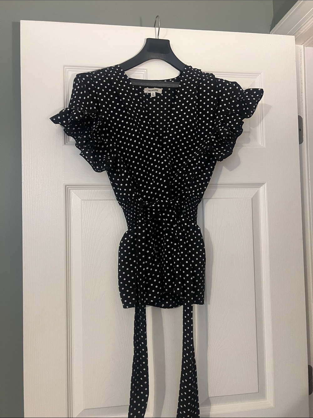Max Studio Black Polka Dot Ruffle Tie-Waist Blouse